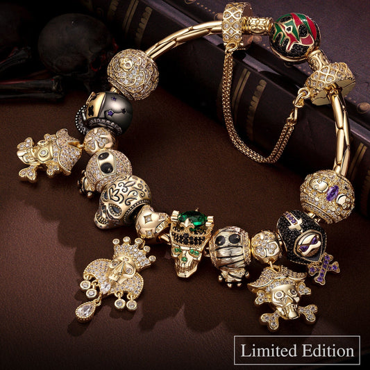 gon- Limited Edition Flash Sale: Sterling Silver Skull Empire Charms Bracelet Set With Enamel In 14K Gold Plated (Includes bracelet and all charms shown)