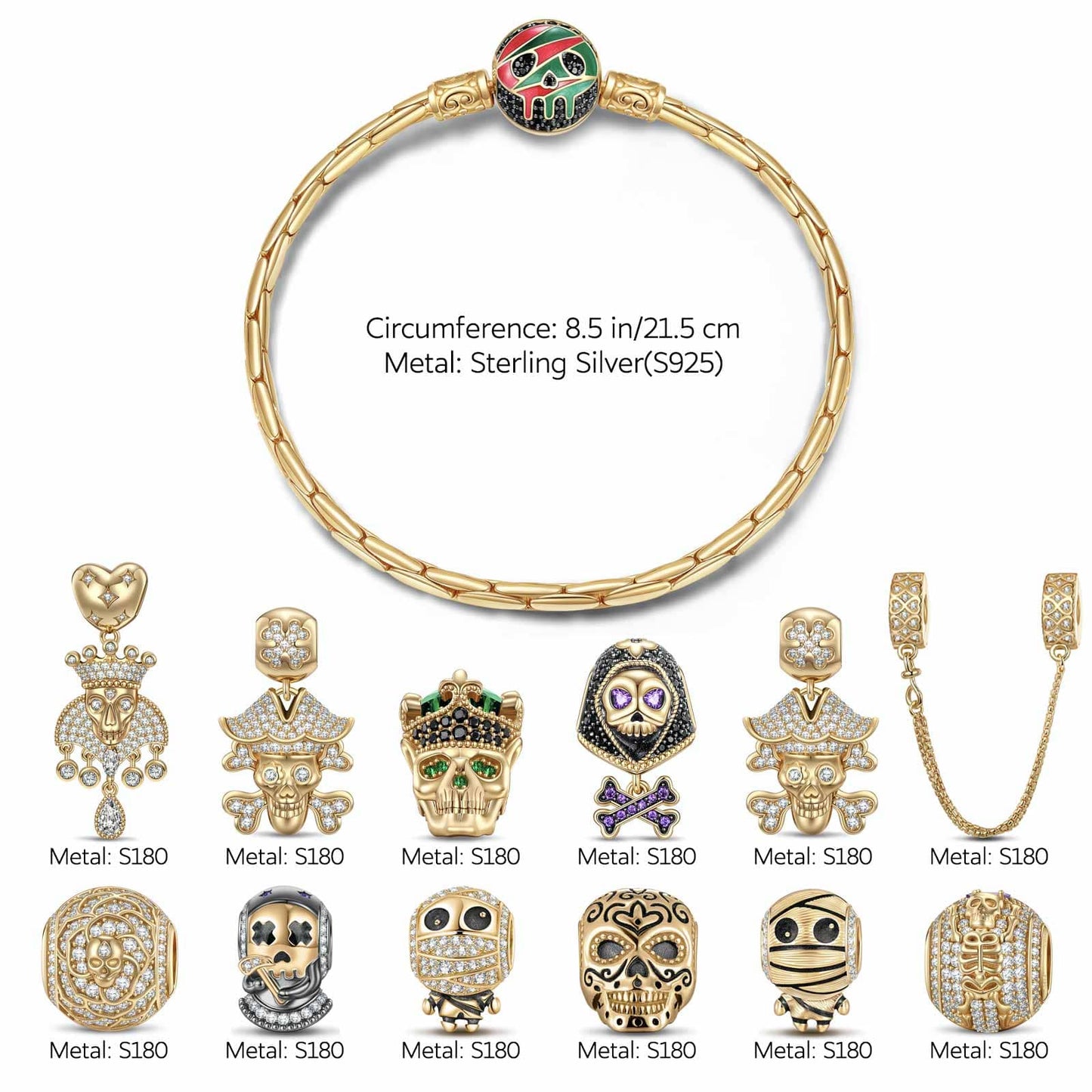 Limited Edition Flash Sale: Sterling Silver Skull Empire Charms Bracelet Set With Enamel In 14K Gold Plated (Includes bracelet and all charms shown)