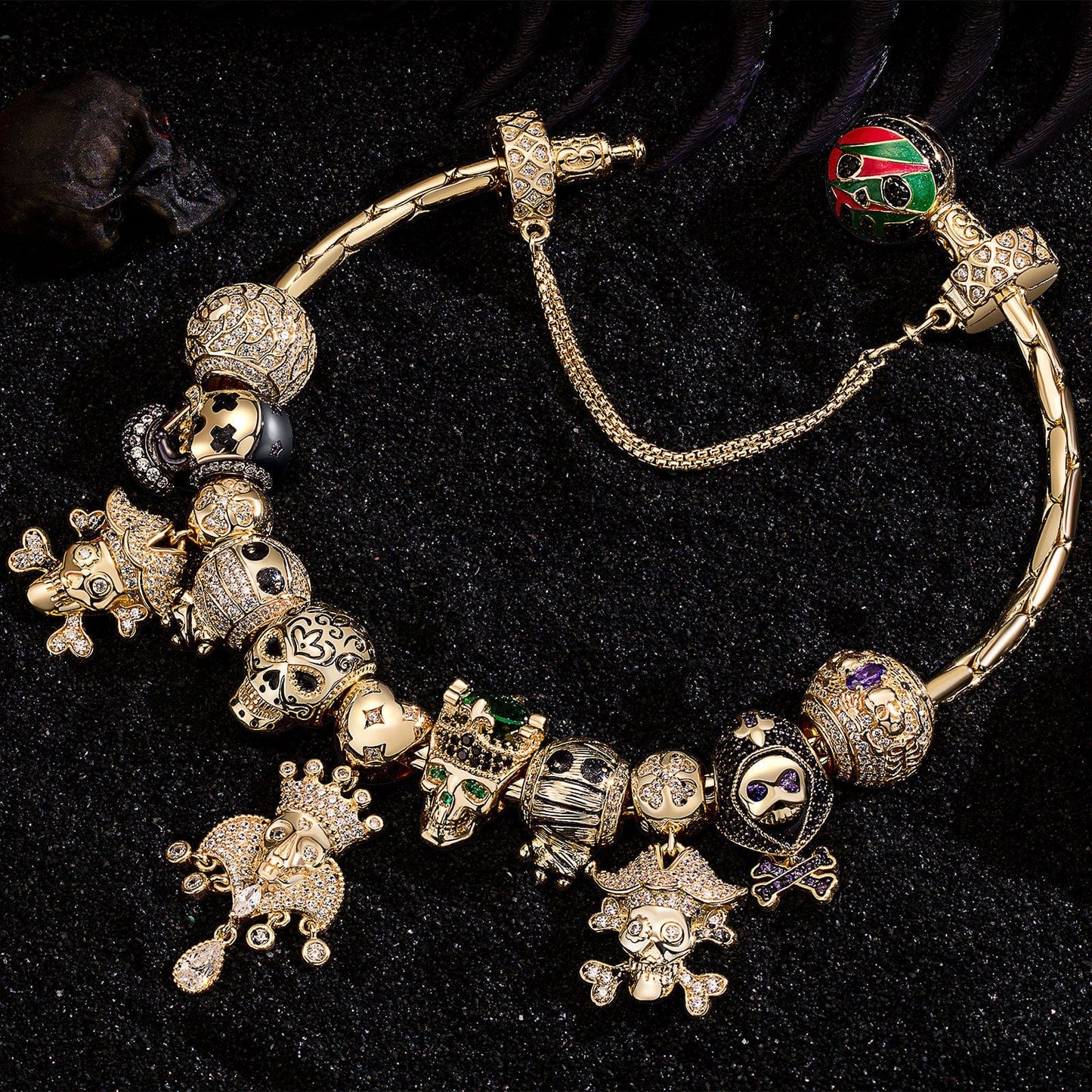 Limited Edition Flash Sale: Sterling Silver Skull Empire Charms Bracelet Set With Enamel In 14K Gold Plated (Includes bracelet and all charms shown)