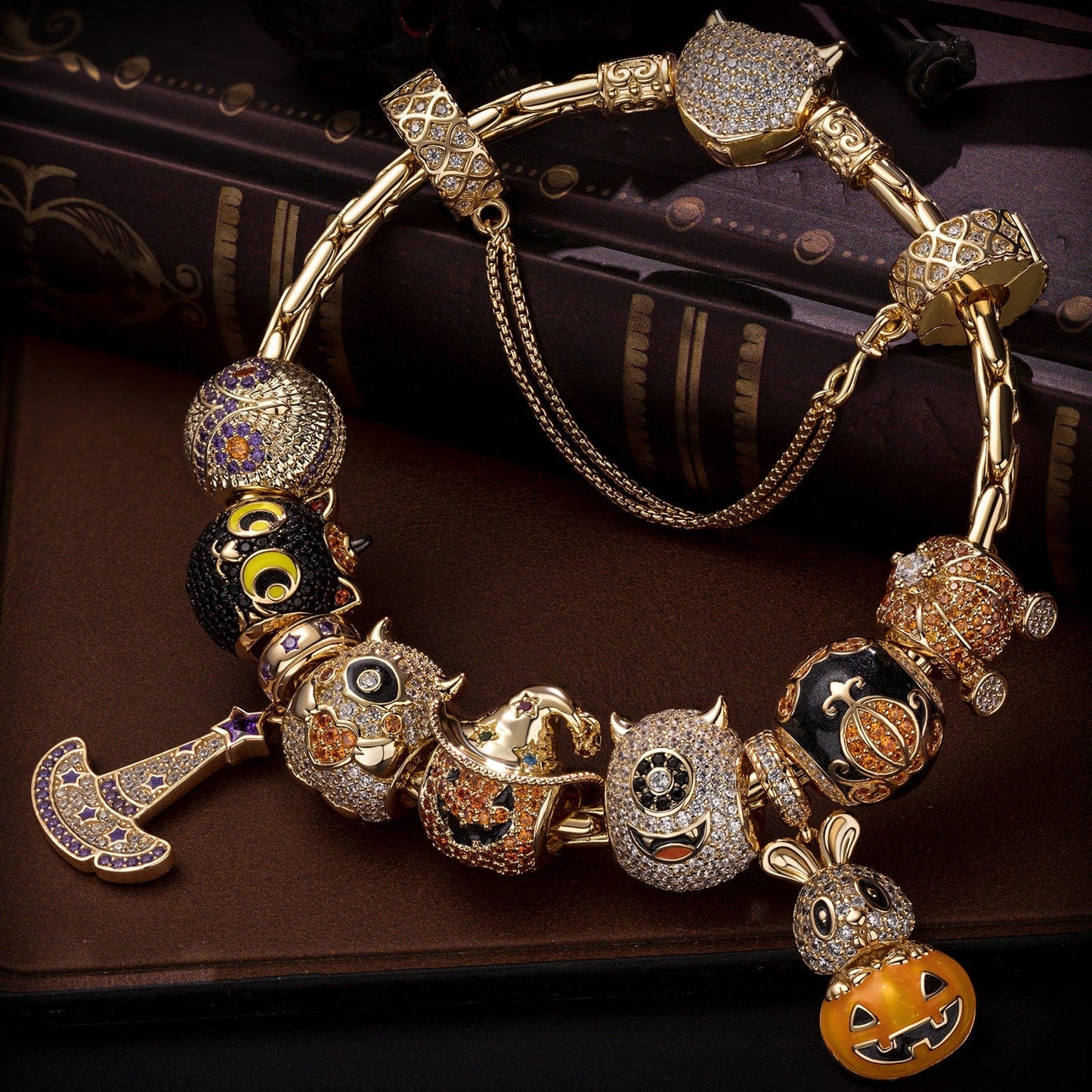 Sterling Silver The Monsters' Revelry Charms Bracelet Set With Enamel In 14K Gold Plated (Includes bracelet and all charms shown)