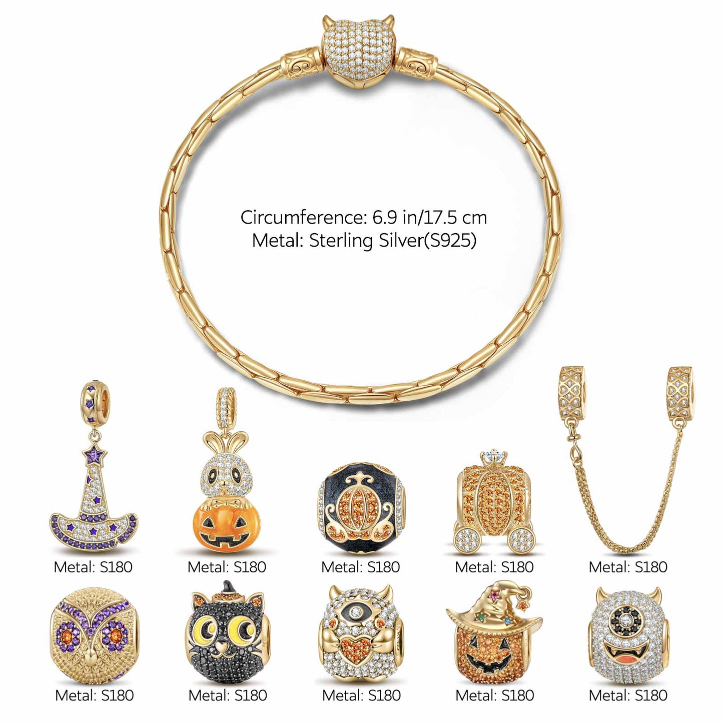 Sterling Silver The Monsters' Revelry Charms Bracelet Set With Enamel In 14K Gold Plated