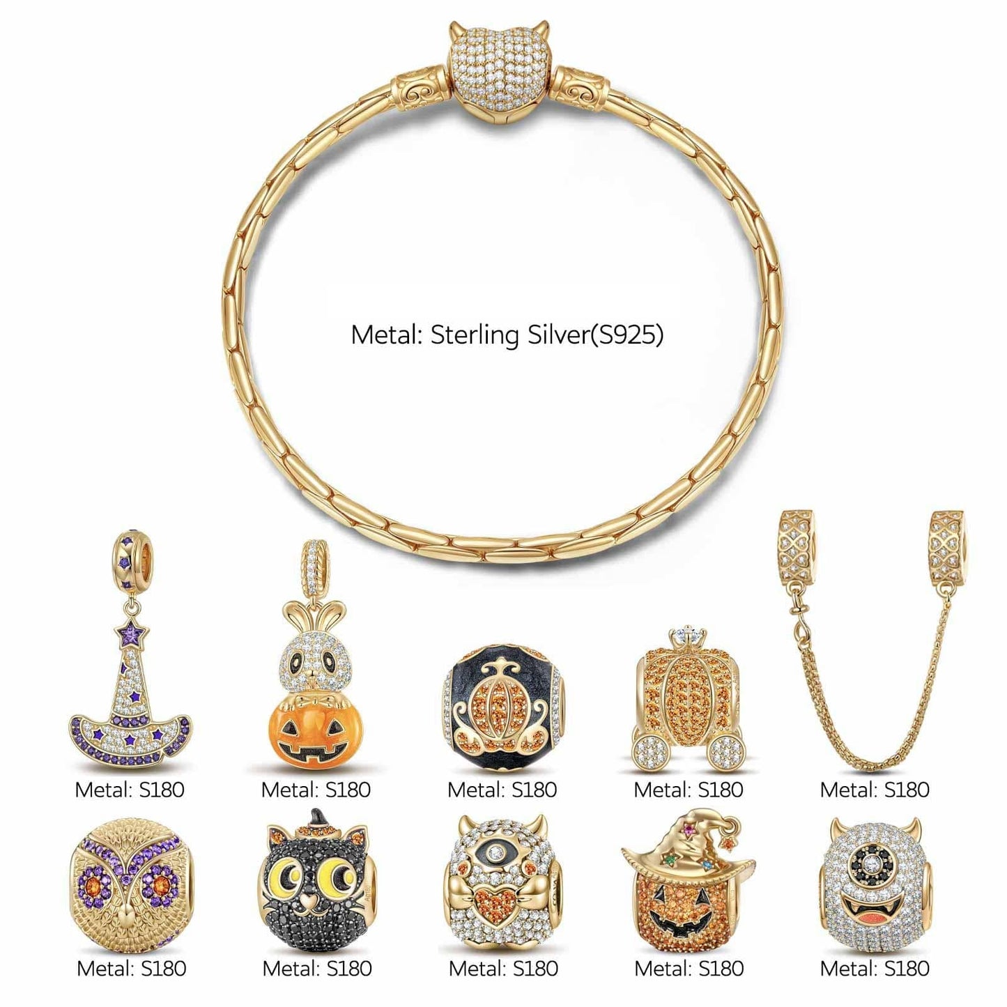 Sterling Silver The Monsters' Revelry Charms Bracelet Set With Enamel In 14K Gold Plated (Includes bracelet and all charms shown)