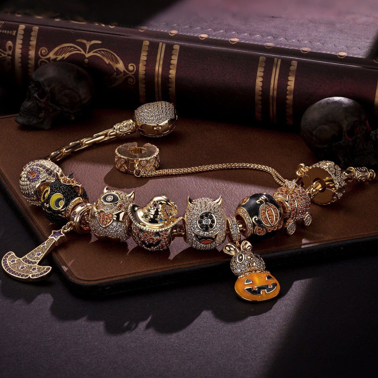 Sterling Silver The Monsters' Revelry Charms Bracelet Set With Enamel In 14K Gold Plated