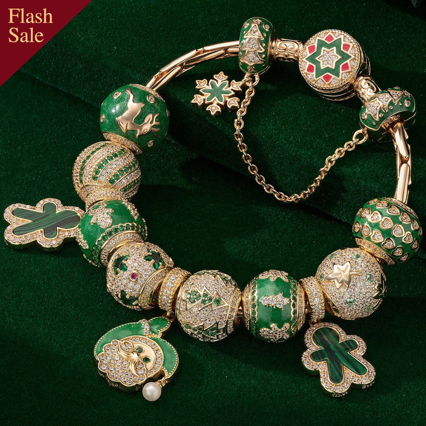 Sterling Silver Merry Evergreen Charms Bracelet Set With Enamel In 14K Gold Plated