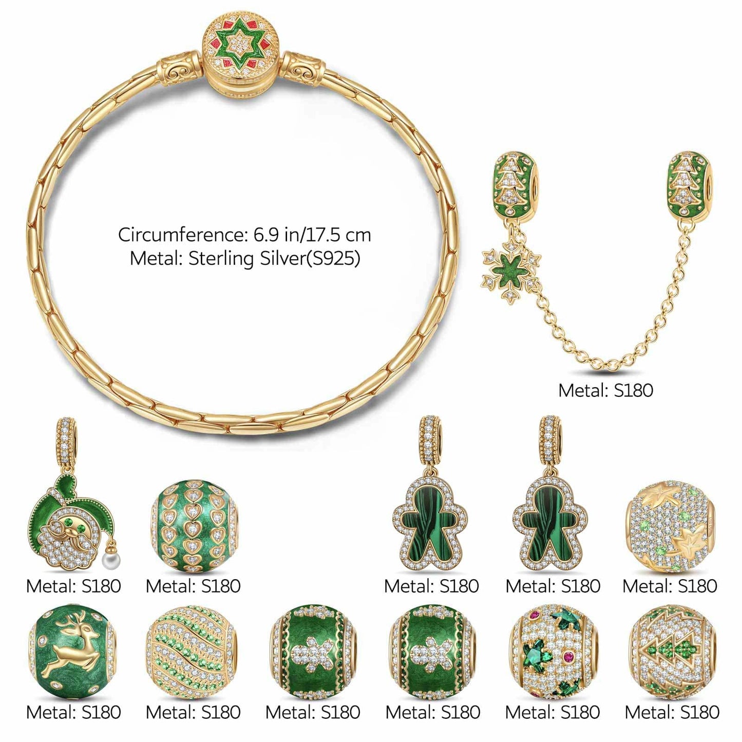 Sterling Silver Merry Evergreen Charms Bracelet Set With Enamel In 14K Gold Plated