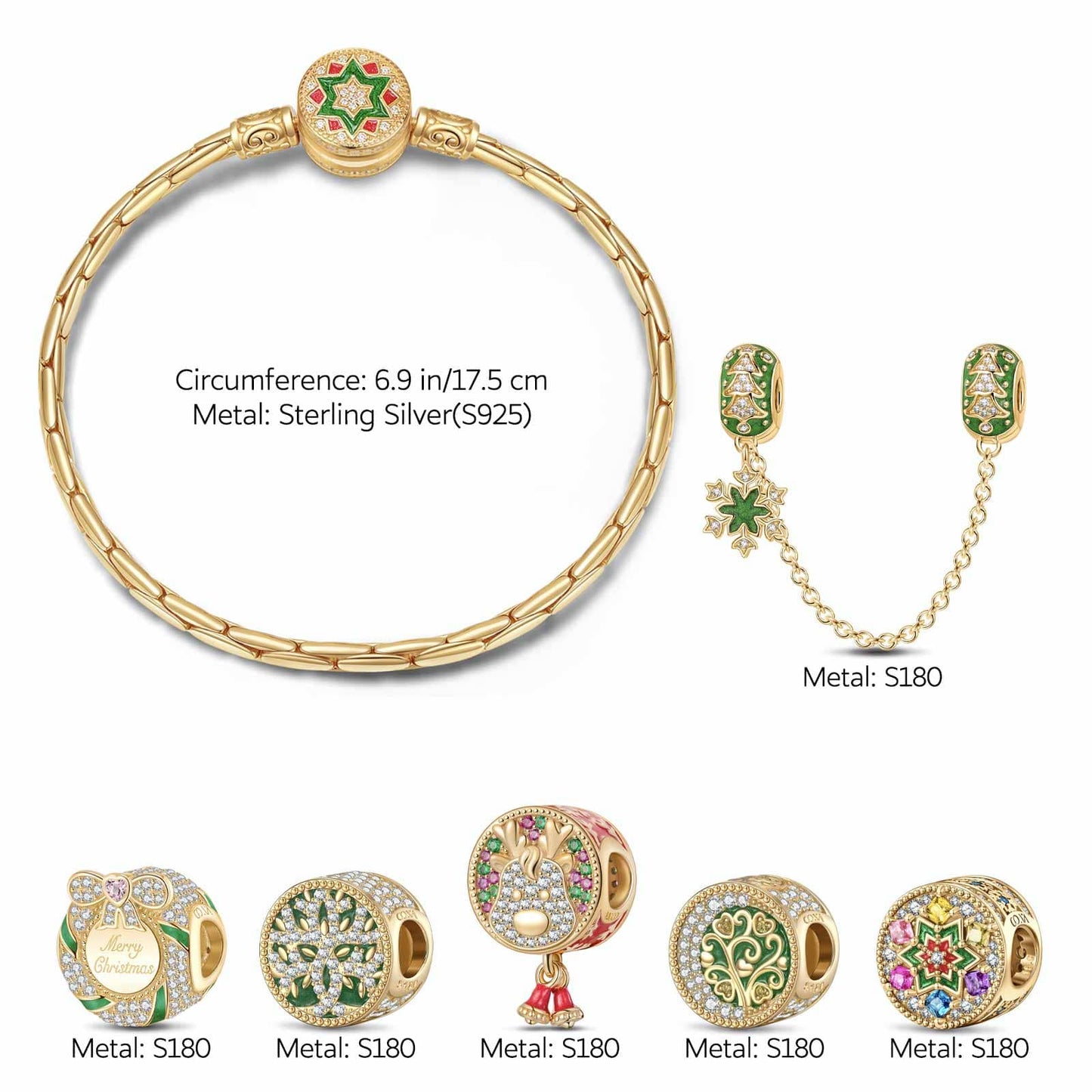 Sterling Silver Joyous Festive Charms Bracelet Set With Enamel In 14K Gold Plated