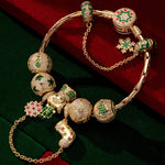 Sterling Silver Emerald Christmas Sentinel Charms Bracelet Set With Enamel In 14K Gold Plated