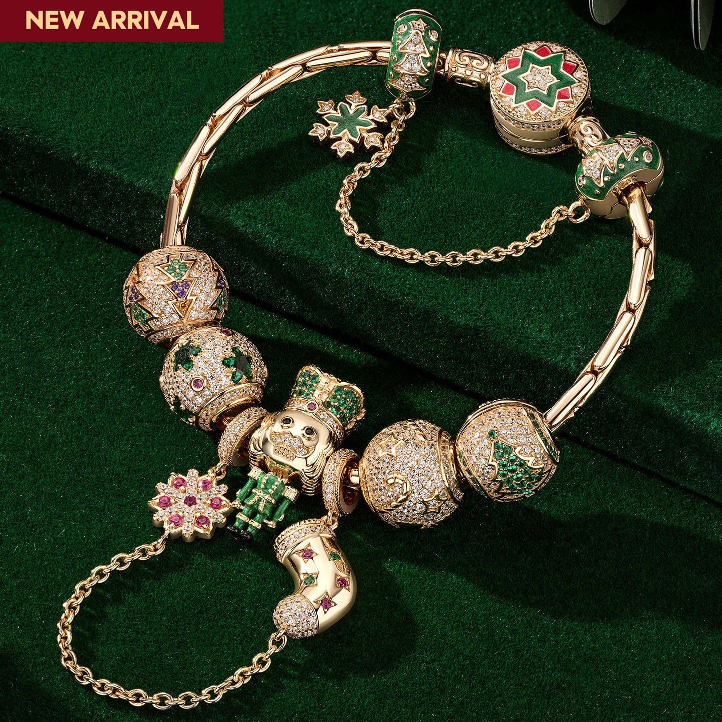 Sterling Silver Emerald Christmas Sentinel Charms Bracelet Set With Enamel In 14K Gold Plated (Includes bracelet and all charms shown)