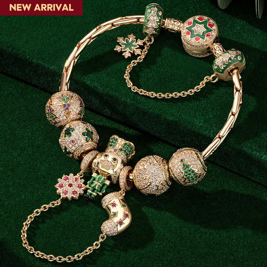 gon- Sterling Silver Emerald Christmas Sentinel Charms Bracelet Set With Enamel In 14K Gold Plated (Includes bracelet and all charms shown)