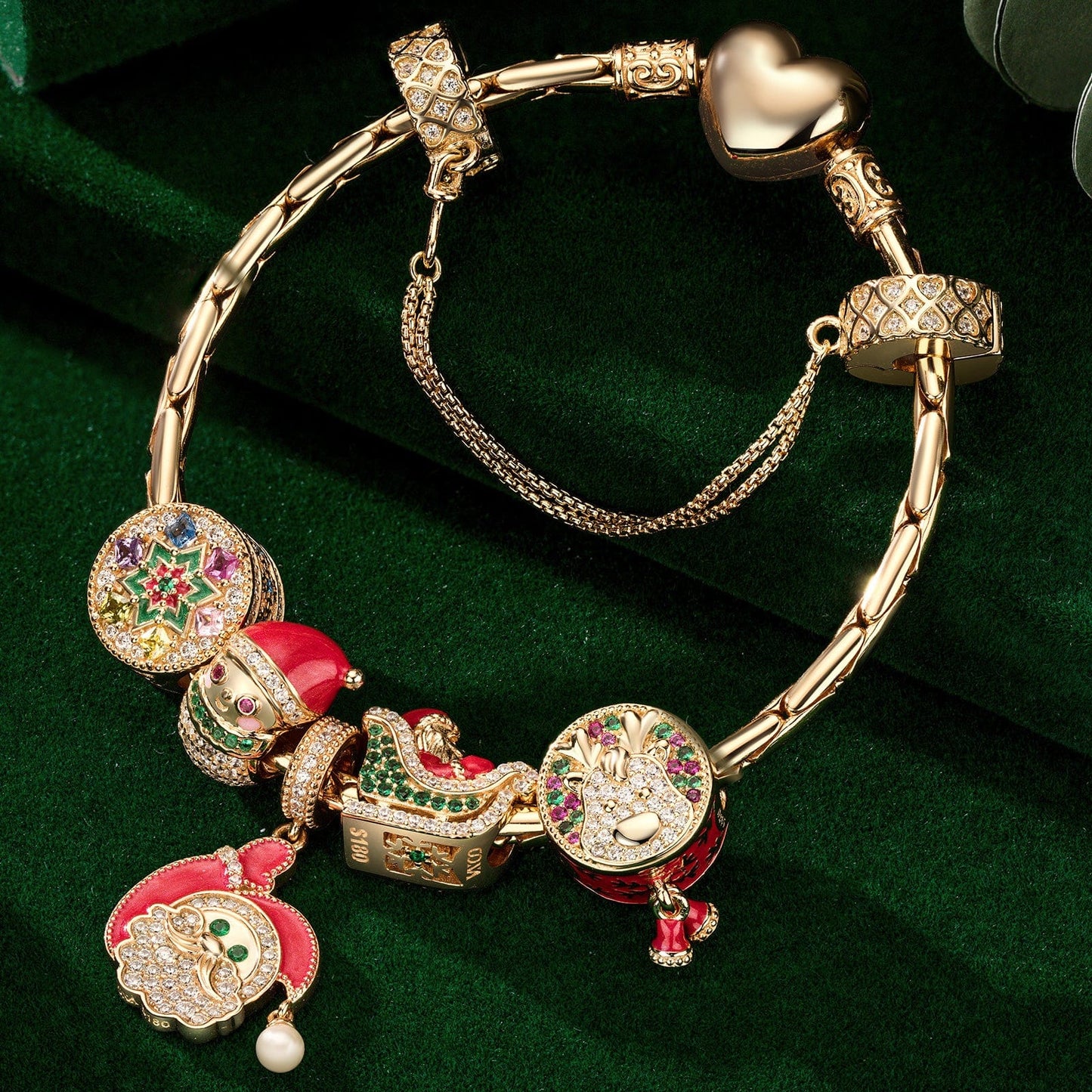 Sterling Silver Santa's Festive Frolic Charms Bracelet Set With Enamel In 14K Gold Plated