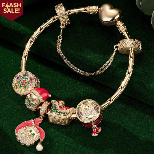 gon- Flash Sale: Sterling Silver Santa's Festive Frolic Charms Bracelet Set With Enamel In 14K Gold Plated (Includes bracelet and all charms shown)