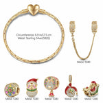 Sterling Silver Santa's Festive Frolic Charms Bracelet Set With Enamel In 14K Gold Plated