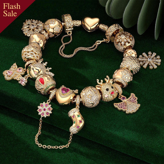 gona- Sterling Silver Joyful Christmas Elves Charms Bracelet Set In 14K Gold Plated (Includes bracelet and all charms shown)