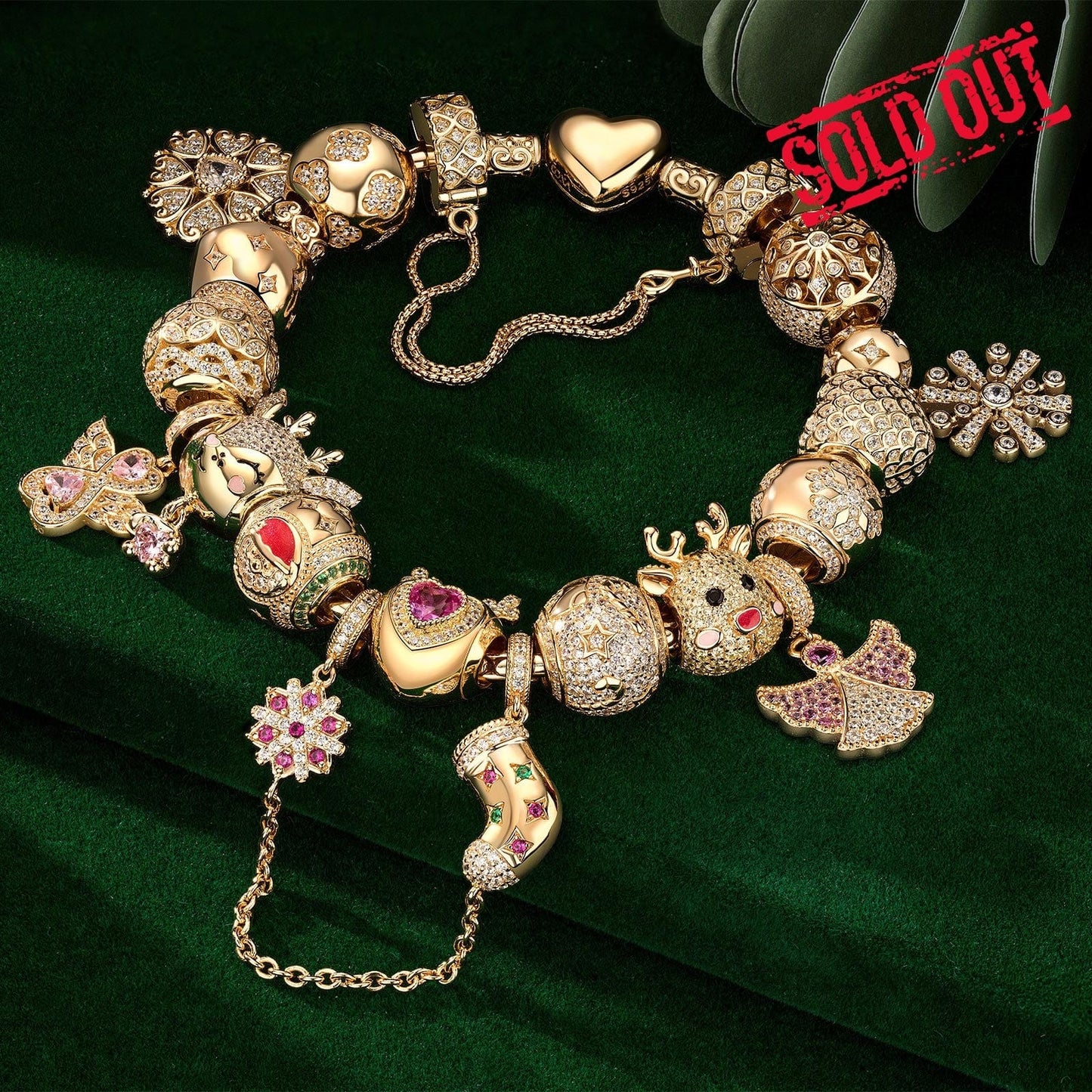 Sterling Silver Joyful Christmas Elves Charms Bracelet Set In 14K Gold Plated (Includes bracelet and all charms shown)