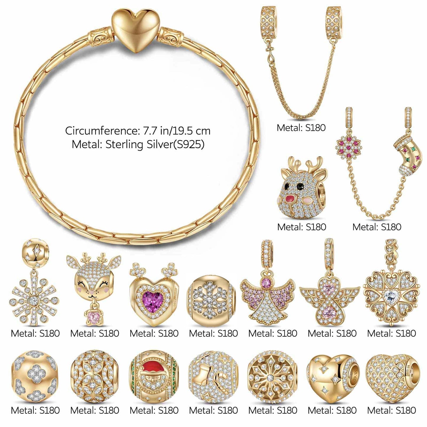 Sterling Silver Joyful Christmas Elves Charms Bracelet Set In 14K Gold Plated