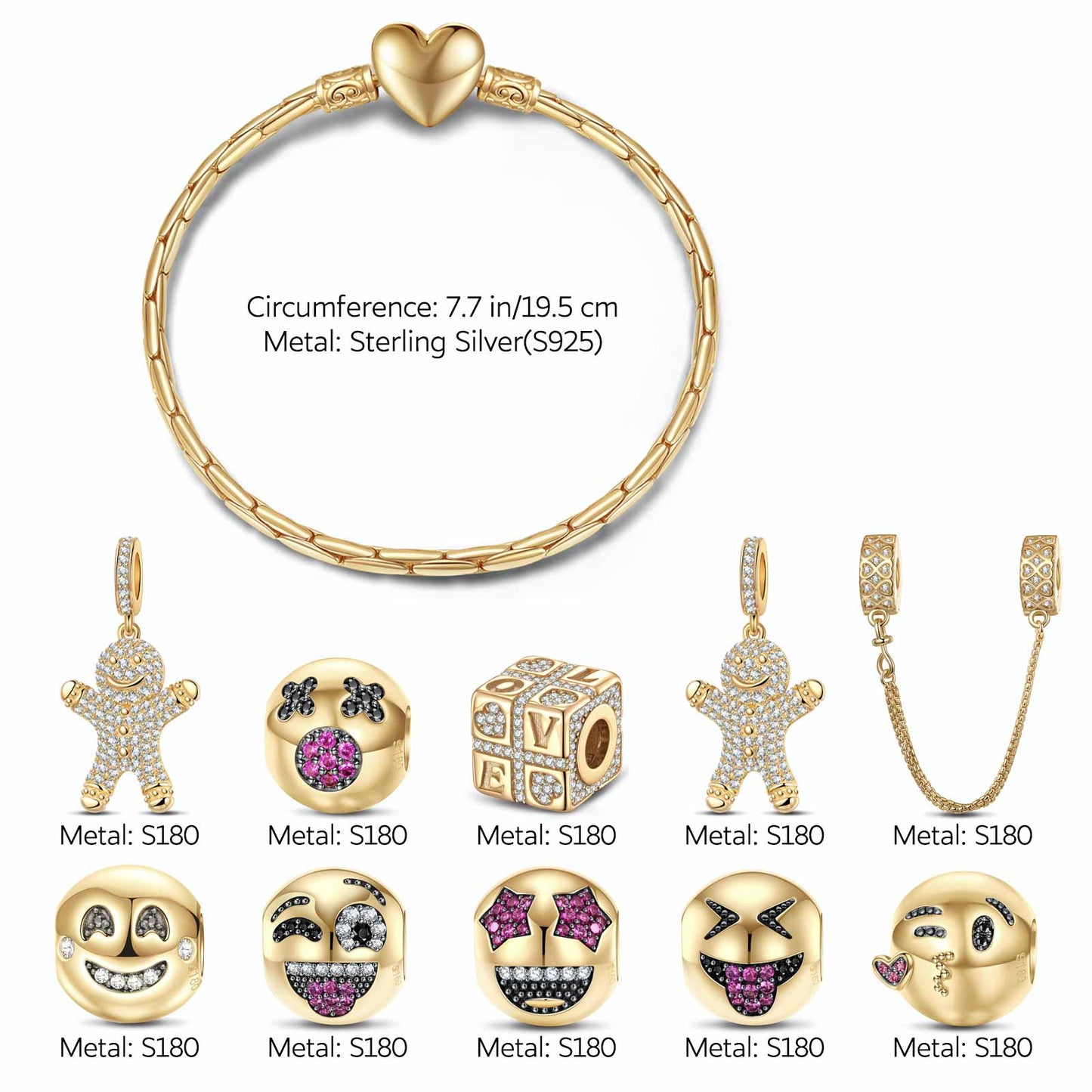 Sterling Silver Smile and Embrace Charms Bracelet Set With Enamel In 14K Gold Plated