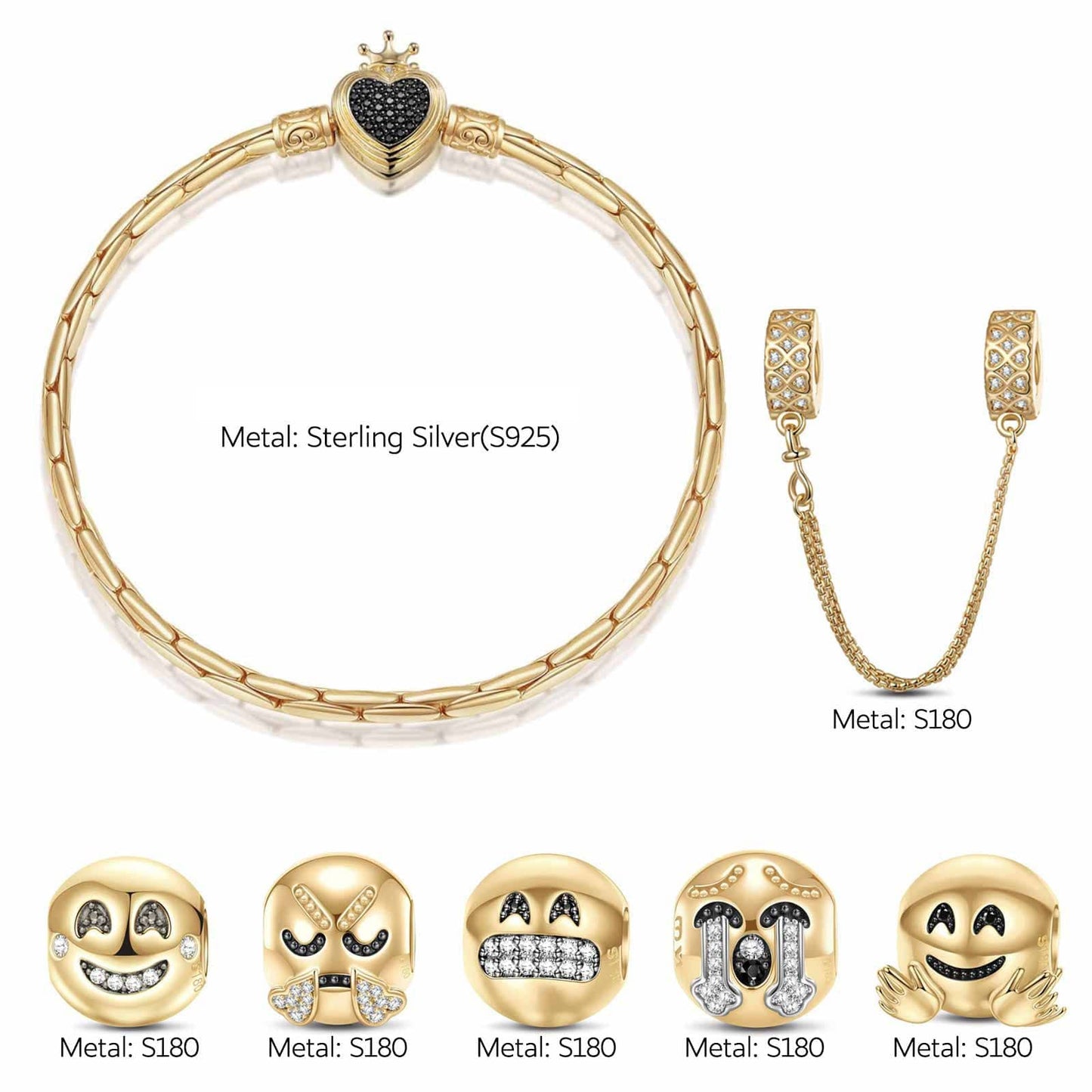 Sterling Silver Embracing Emotions Charms Bracelet Set In 14K Gold Plated (Includes bracelet and all charms shown)
