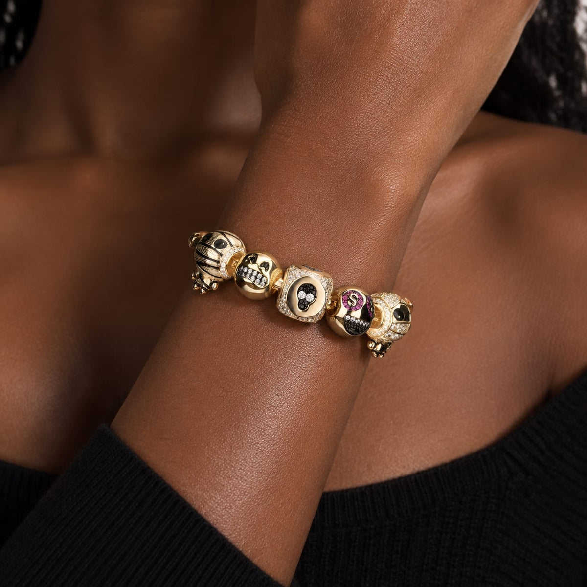 Sterling Silver Grinning Bliss Charms Bracelet Set With Enamel In 14K Gold Plated (Includes bracelet and all charms shown)