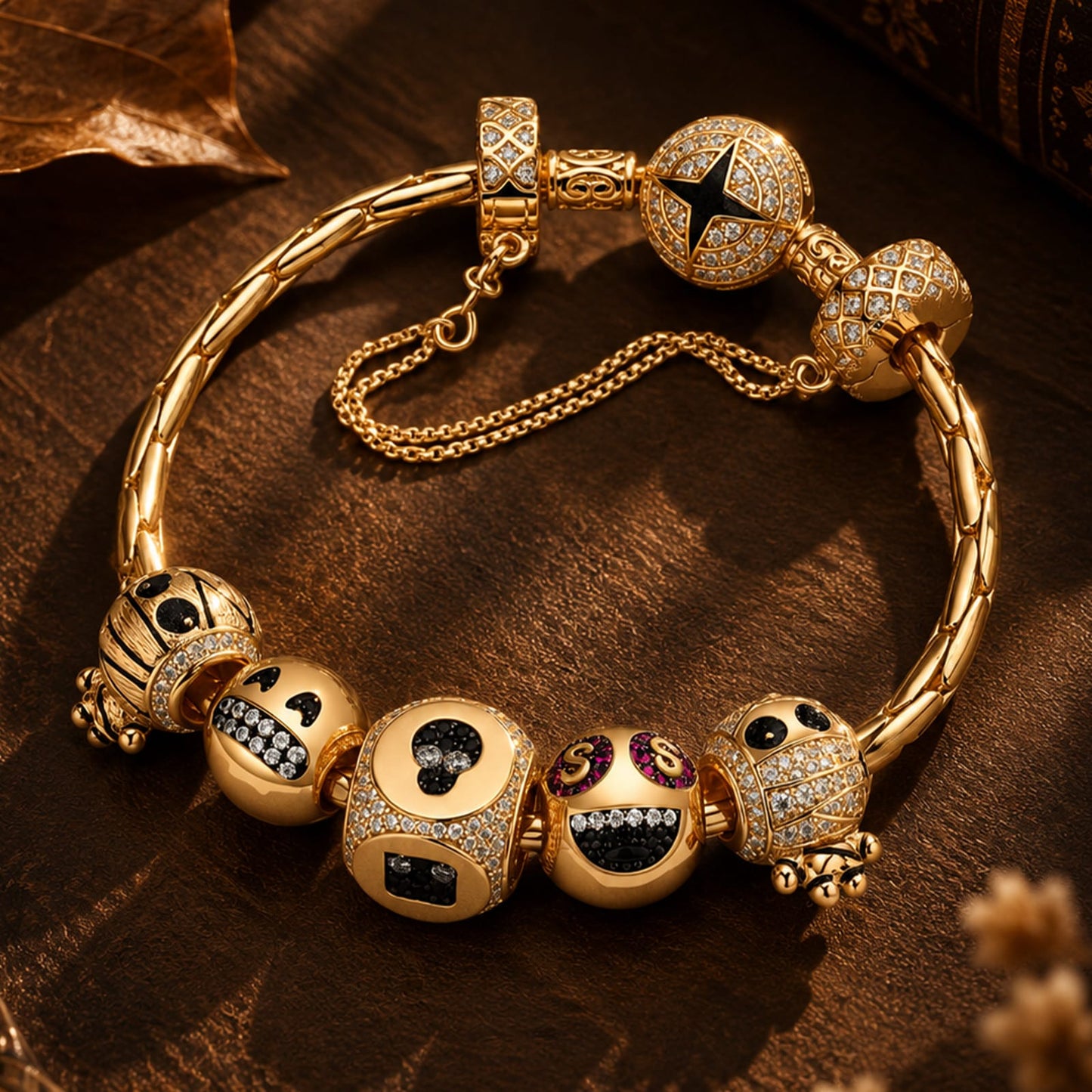 Sterling Silver Grinning Bliss Charms Bracelet Set With Enamel In 14K Gold Plated (Includes bracelet and all charms shown)