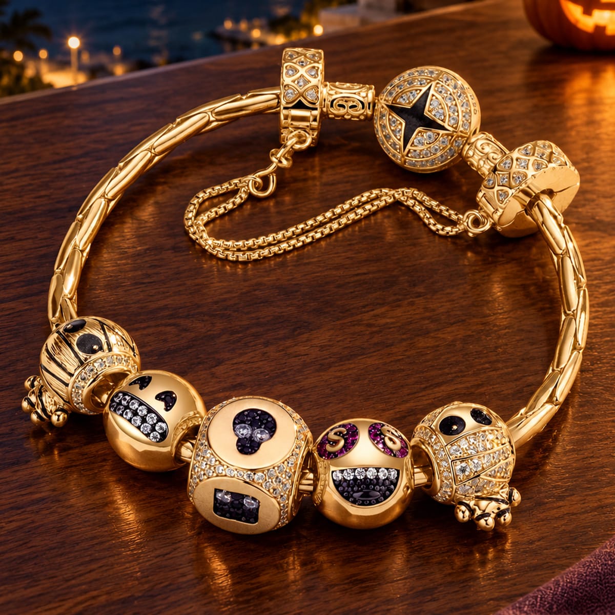 Sterling Silver Grinning Bliss Charms Bracelet Set With Enamel In 14K Gold Plated (Includes bracelet and all charms shown)