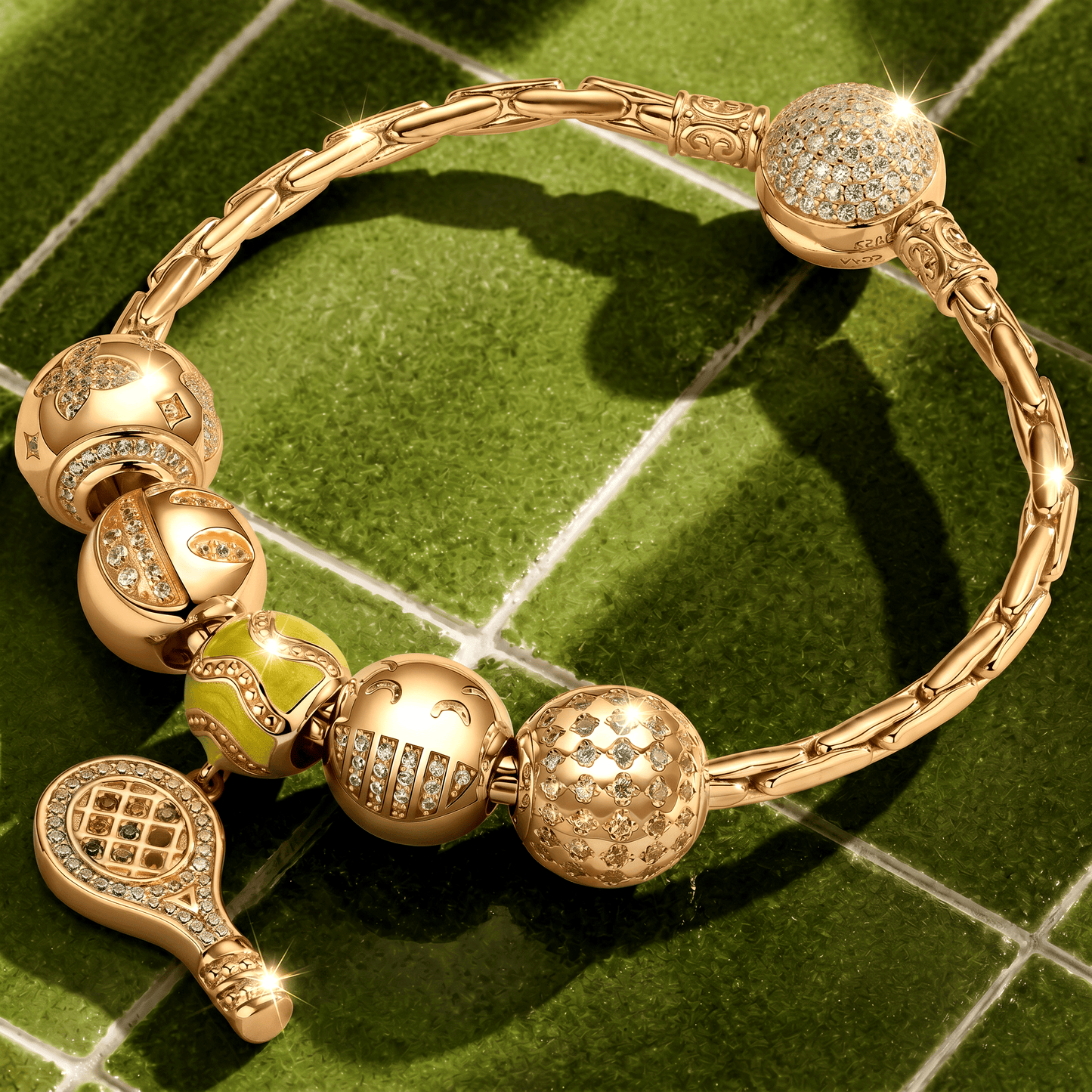 Sterling Silver Immerse in Tennis Fun Charms Bracelet Set With Enamel In 14K Gold Plated (Includes bracelet and all charms shown)