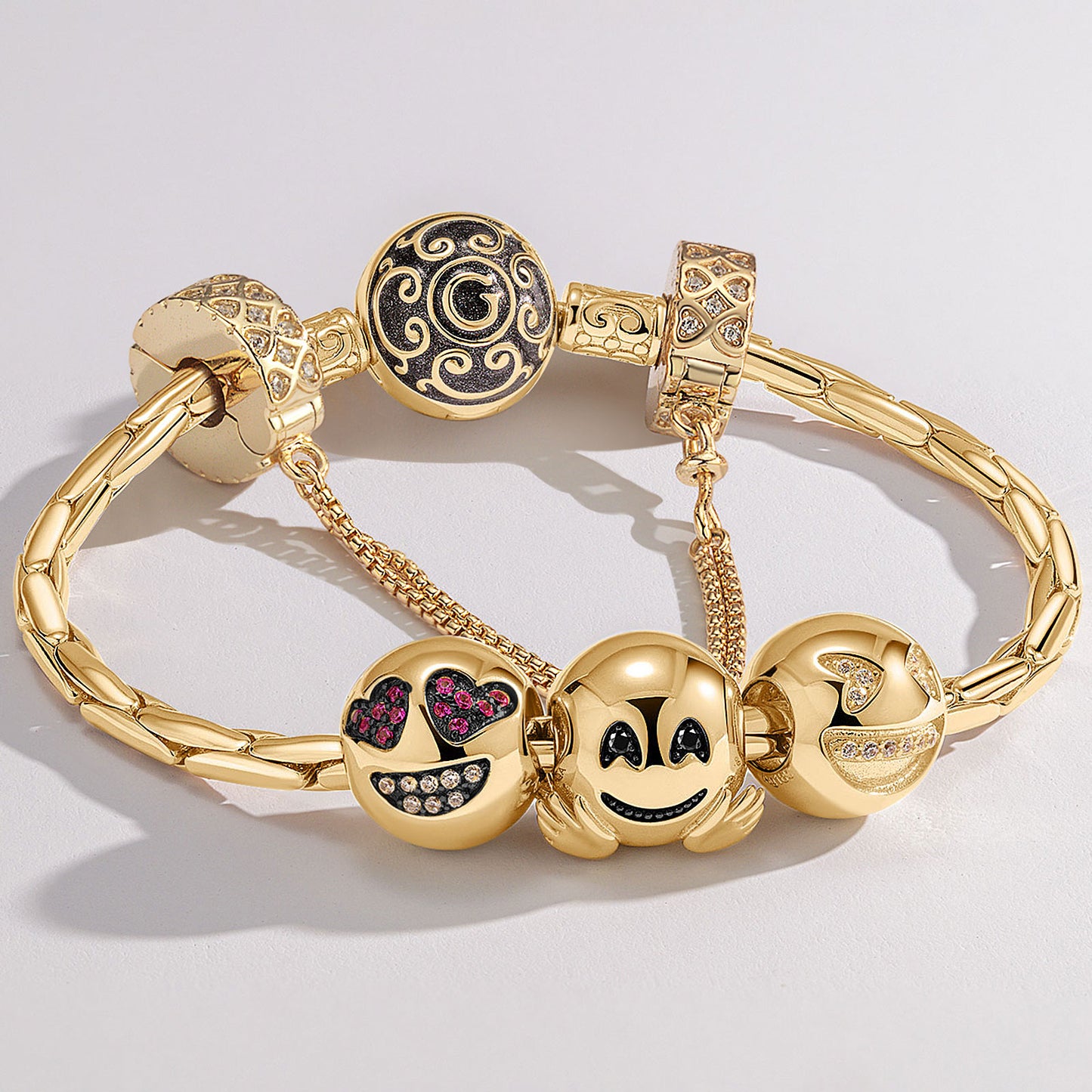 Sterling Silver Funny Hug Charms Bracelet Set With Enamel In 14K Gold Plated