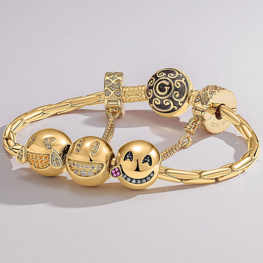 gon- Sterling Silver Humorous Emojis Charms Bracelet Set With Enamel In 14K Gold Plated (Includes bracelet and all charms shown)