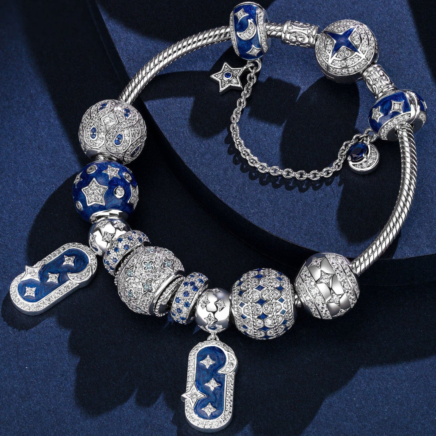 Sterling Silver Dazzling Stardust Charms Bracelet Set With Enamel In White Gold Plated (Includes bracelet and all charms shown)