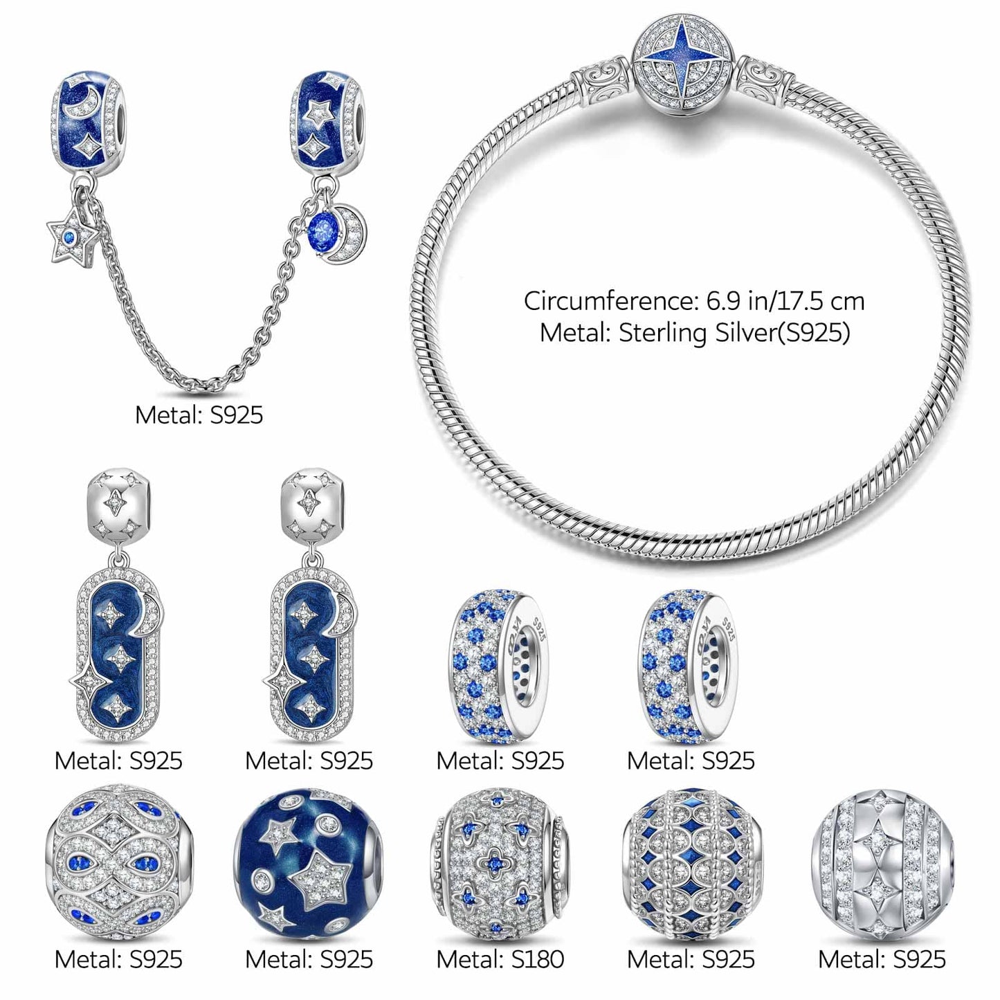 Sterling Silver Dazzling Stardust Charms Bracelet Set With Enamel In White Gold Plated