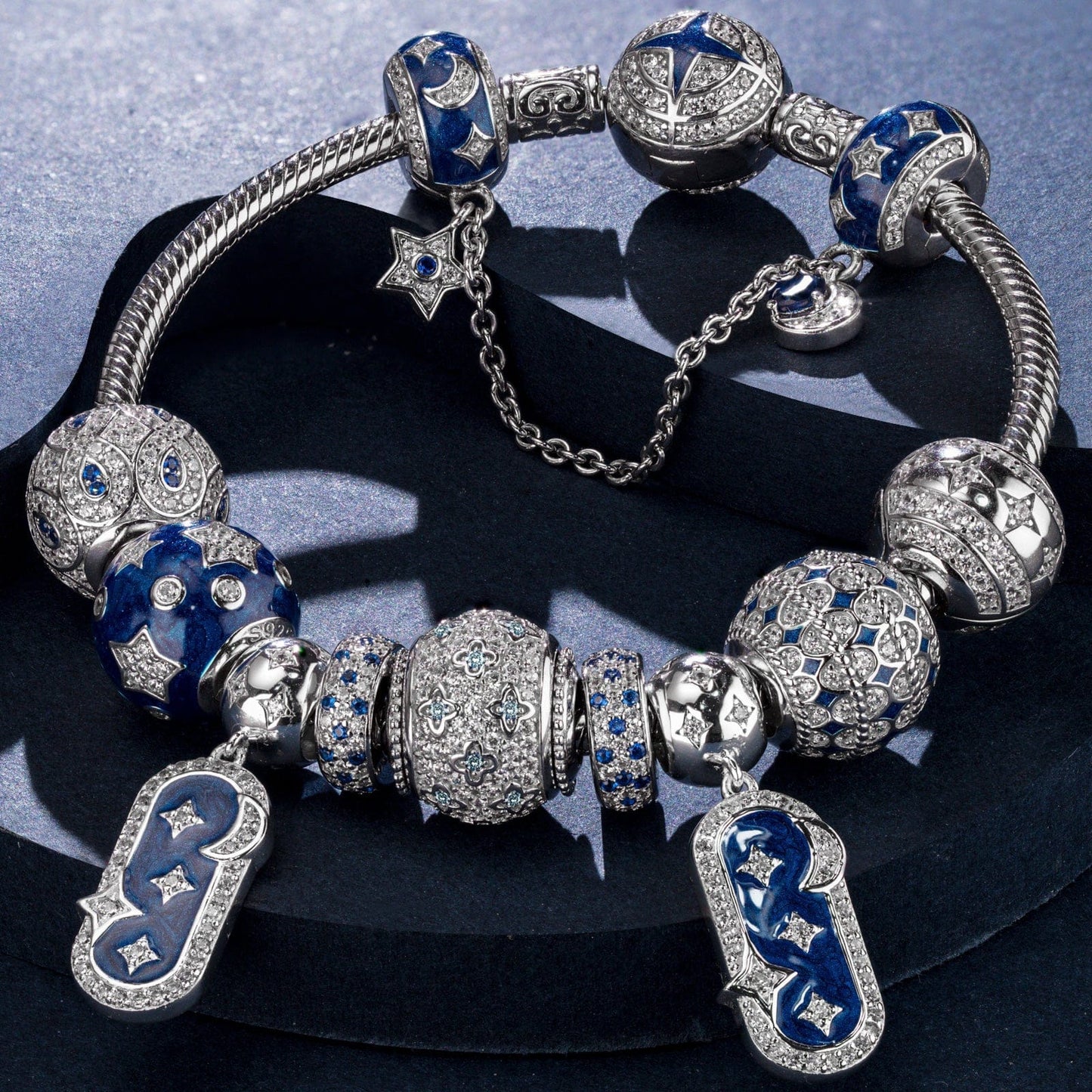 Sterling Silver Dazzling Stardust Charms Bracelet Set With Enamel In White Gold Plated (Includes bracelet and all charms shown)