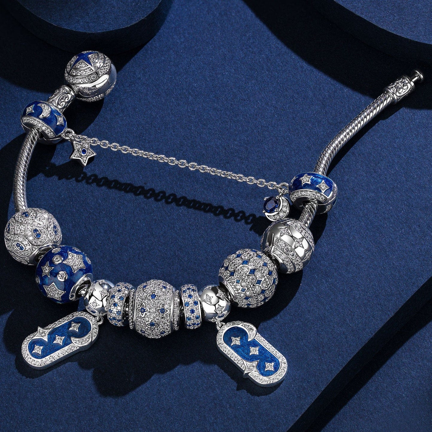 Sterling Silver Dazzling Stardust Charms Bracelet Set With Enamel In White Gold Plated