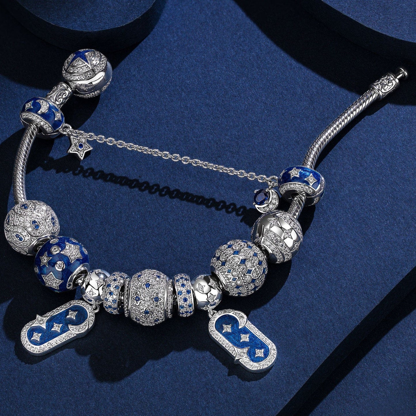 Sterling Silver Dazzling Stardust Charms Bracelet Set With Enamel In White Gold Plated (Includes bracelet and all charms shown)