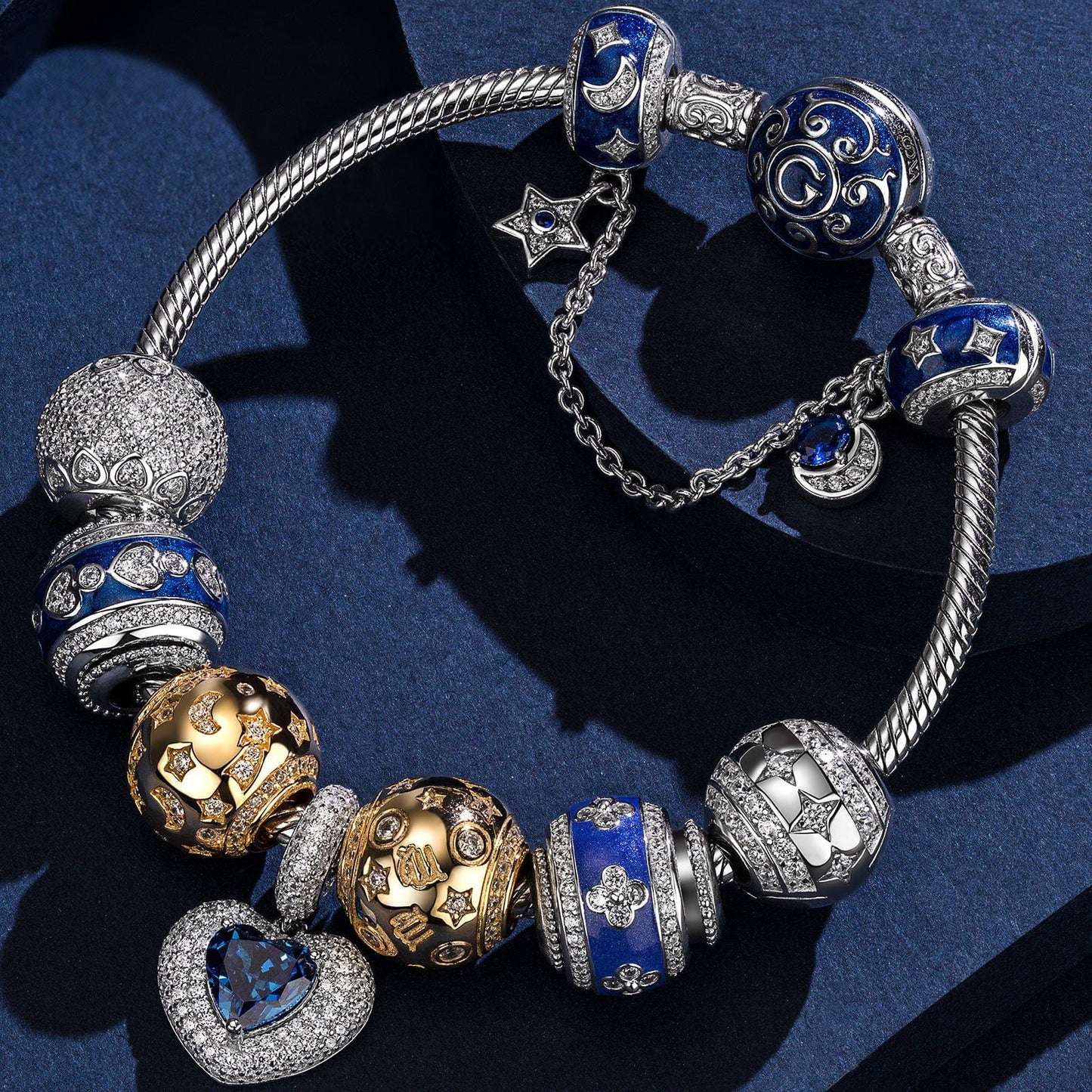 Sterling Silver Starlit Love Charms Bracelet Set With Enamel, Featuring Dual Plating in 14K Gold and White Gold (Includes bracelet and all charms shown)