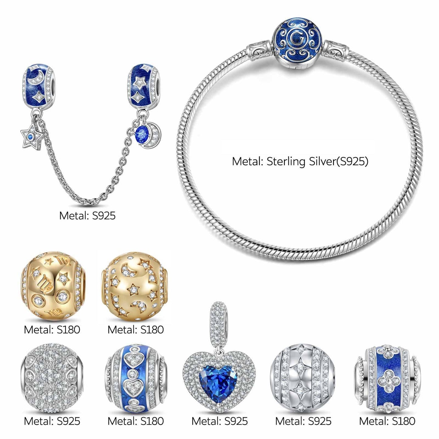 Sterling Silver Starlit Love Charms Bracelet Set With Enamel, Featuring Dual Plating in 14K Gold and White Gold (Includes bracelet and all charms shown)