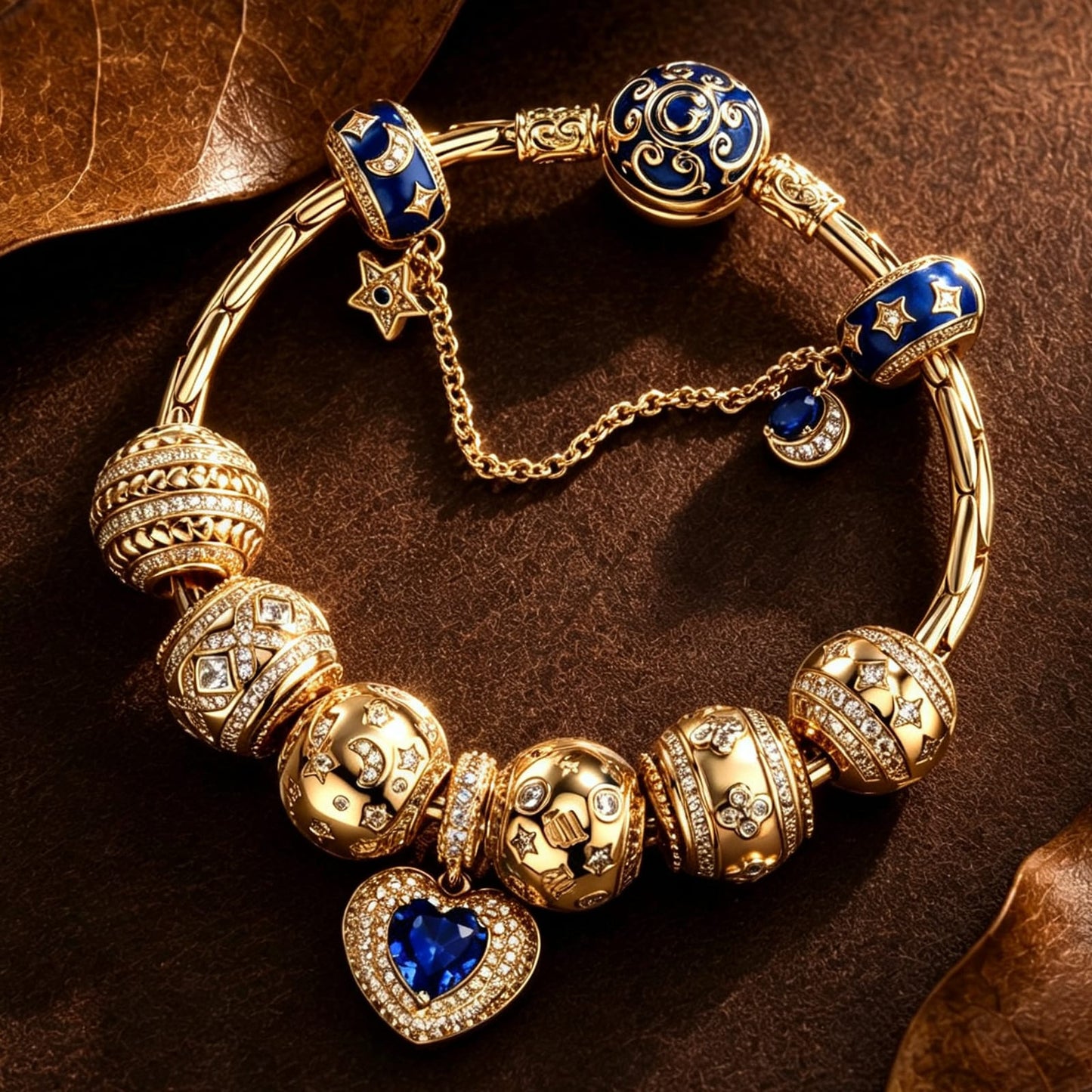Sterling Silver Celestial Romance Moon, Star & Blue Heart Curated Charm Bracelet Set with 14K Gold Plating (Includes Bracelet And All Charms Shown)
