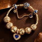 Sterling Silver Celestial Romance Moon, Star & Blue Heart Curated Charm Bracelet Set with 14K Gold Plating (Includes Bracelet And All Charms Shown)