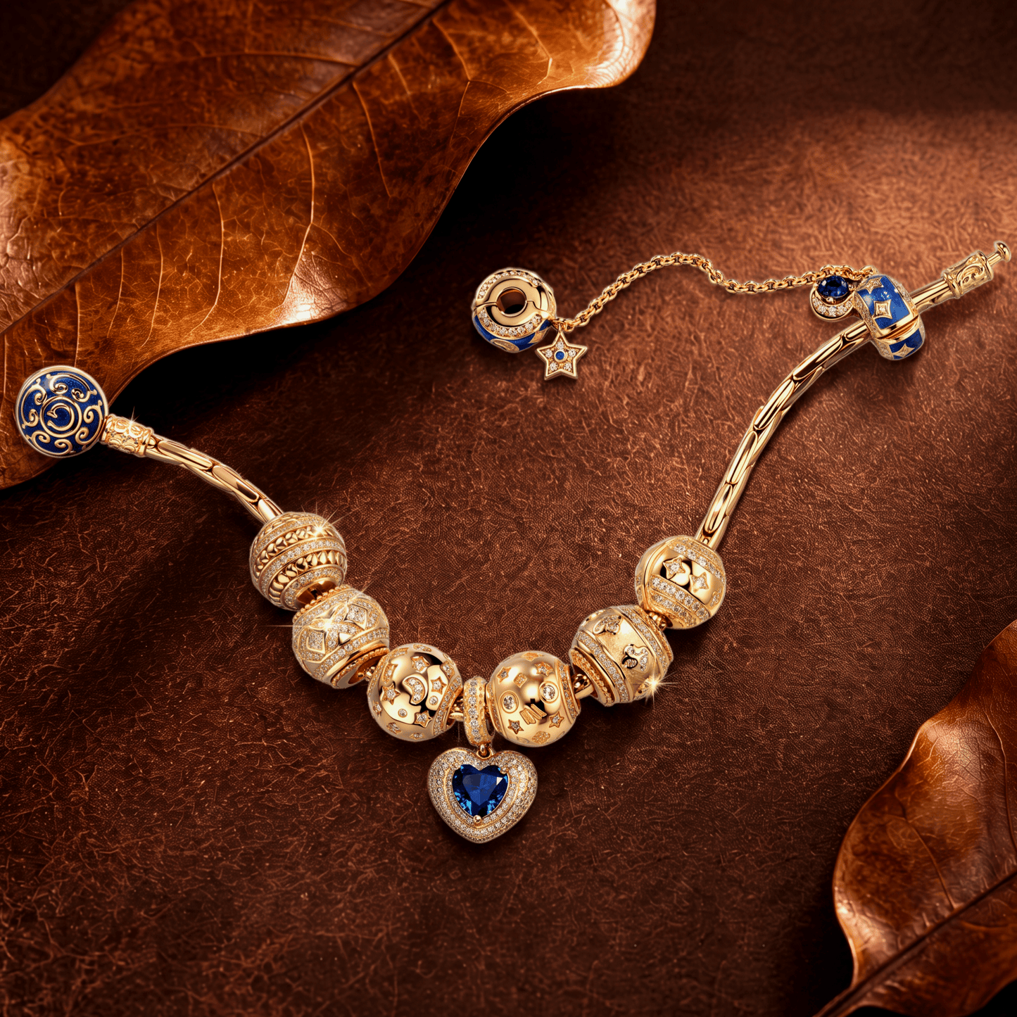 Sterling Silver Celestial Romance Moon, Star & Blue Heart Curated Charm Bracelet Set with 14K Gold Plating (Includes Bracelet And All Charms Shown)