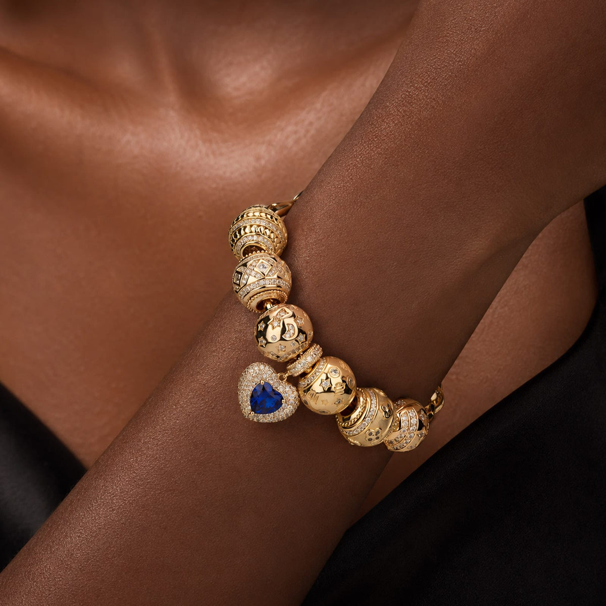 Sterling Silver Celestial Romance Moon, Star & Blue Heart Curated Charm Bracelet Set with 14K Gold Plating (Includes Bracelet And All Charms Shown)