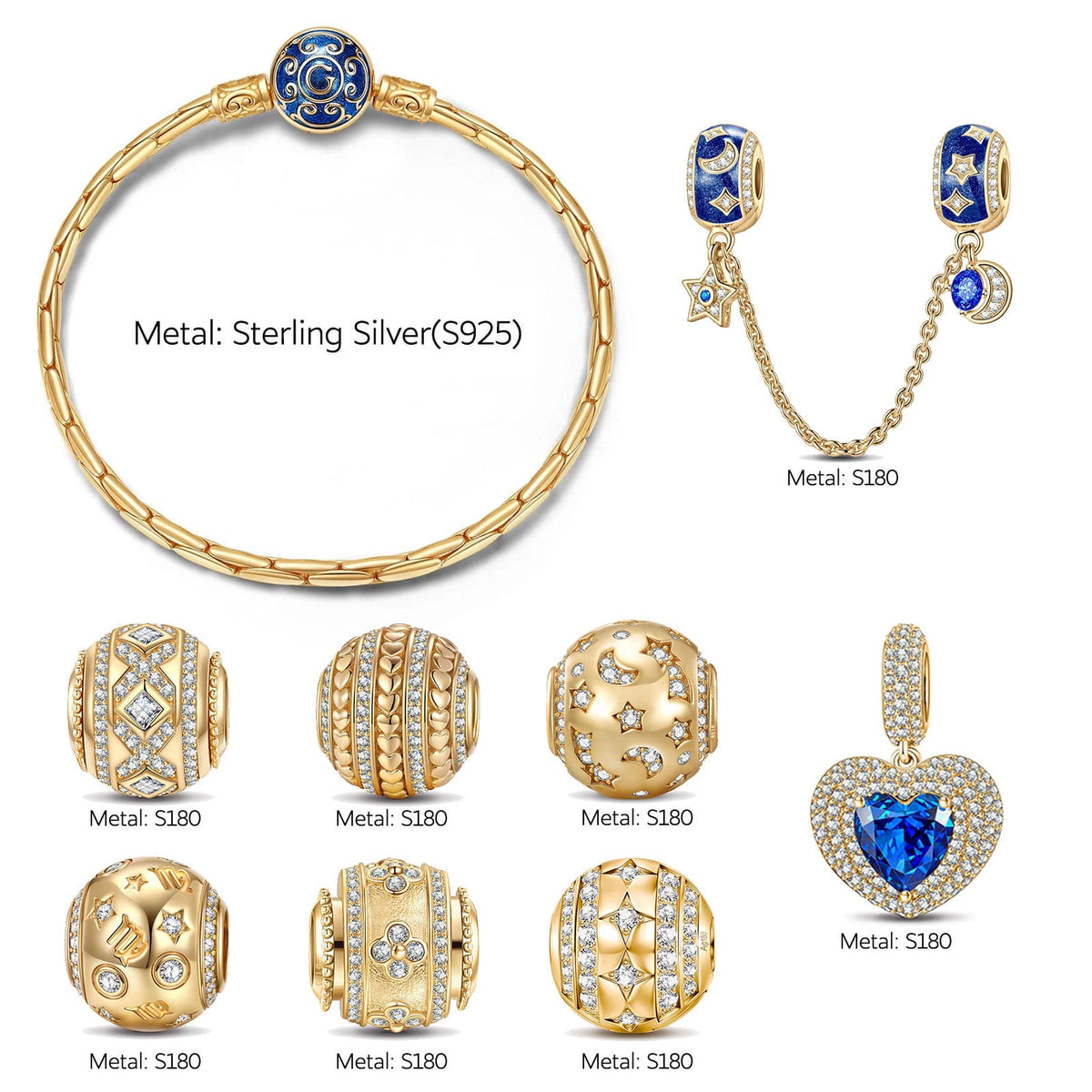 Sterling Silver Celestial Romance Moon, Star & Blue Heart Curated Charm Bracelet Set with 14K Gold Plating (Includes Bracelet And All Charms Shown)