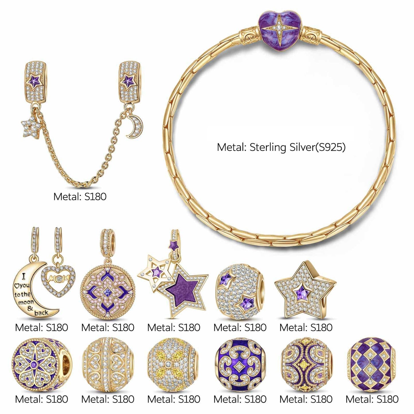 Sterling Silver Astral Visions Charms Bracelet Set With Enamel In 14K Gold Plated (Includes bracelet and all charms shown)