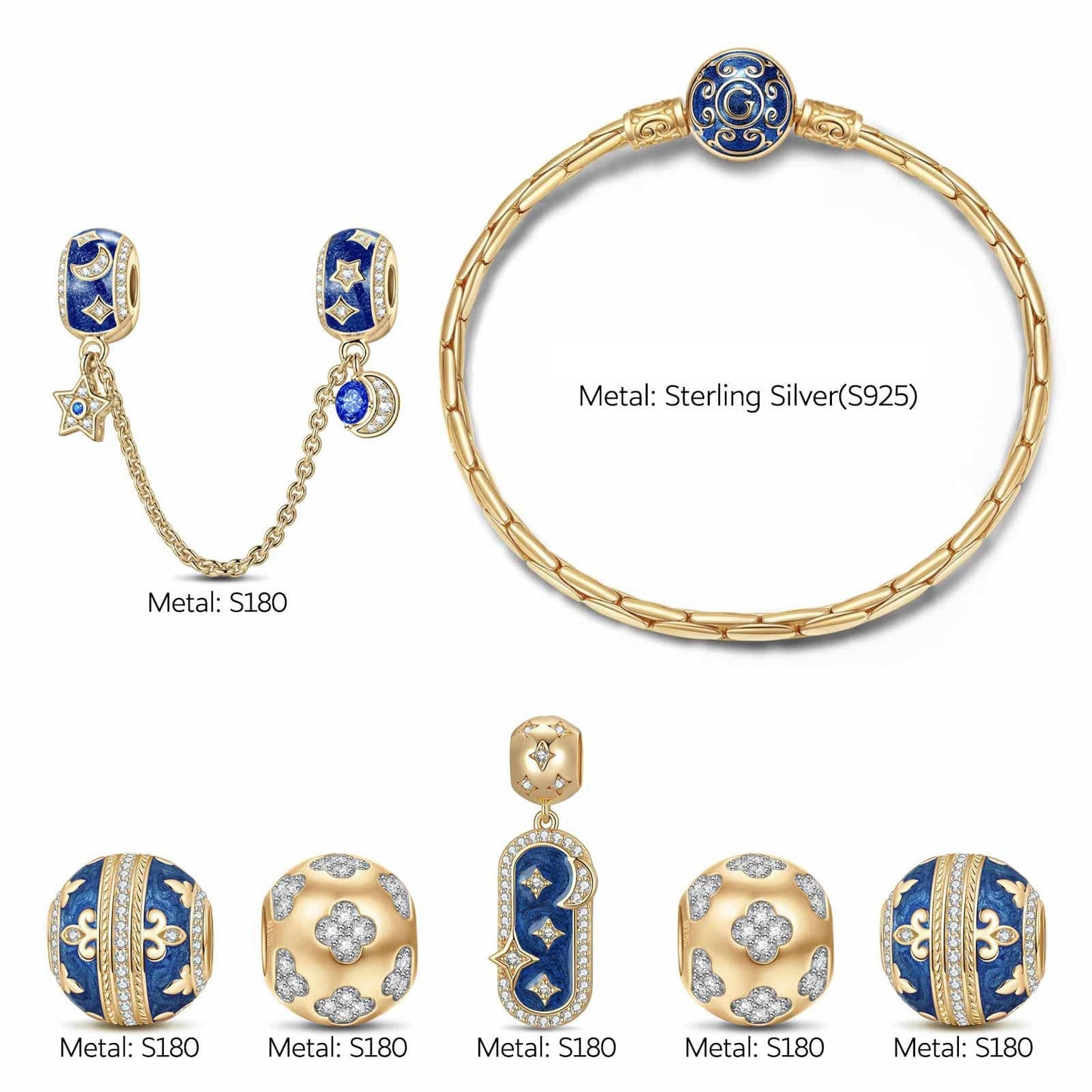 Sterling Silver Starlight Blessings Charms Bracelet Set With Enamel In 14K Gold Plated (Includes bracelet and all charms shown)