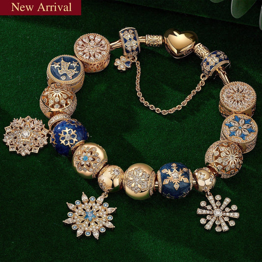gona- Sterling Silver Splendid Snowfall Charms Bracelet Set With Enamel In 14K Gold Plated (Includes bracelet and all charms shown)