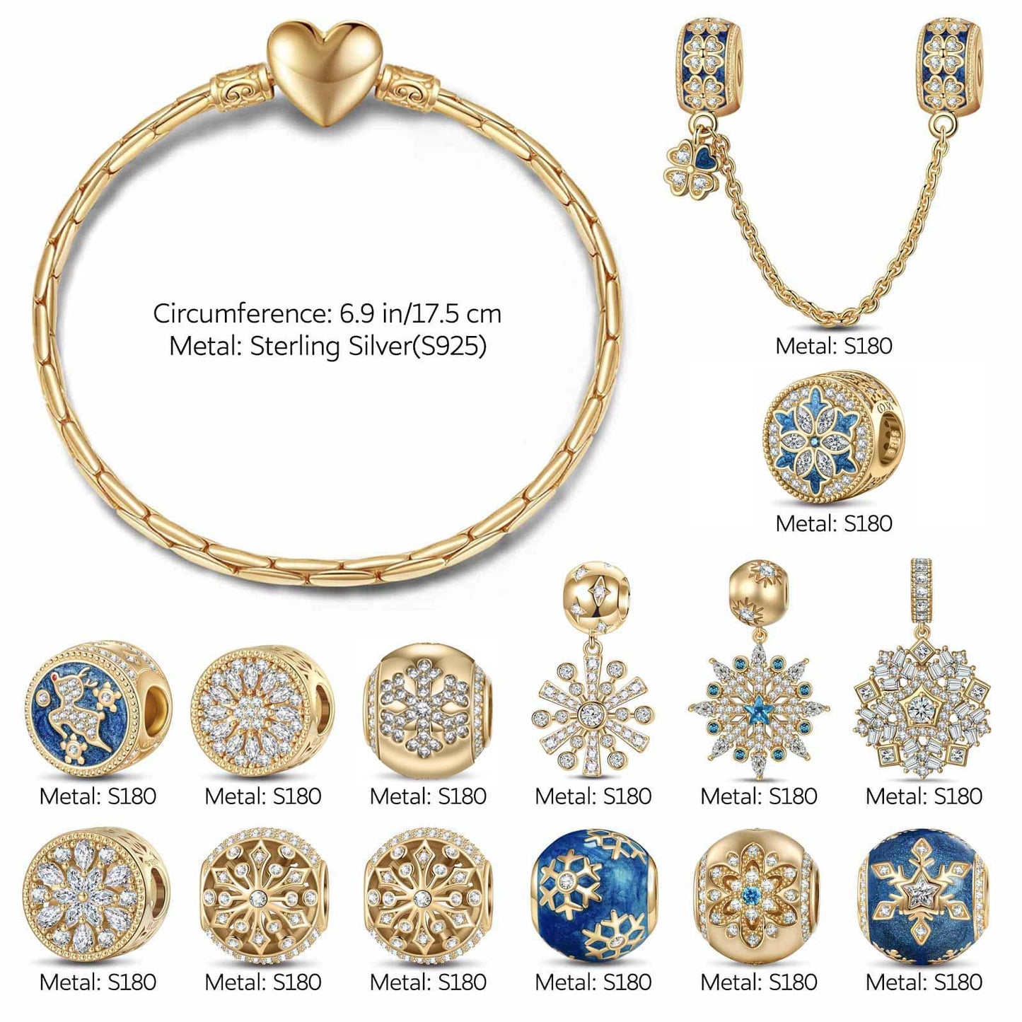 Sterling Silver Splendid Snowfall Charms Bracelet Set With Enamel In 14K Gold Plated