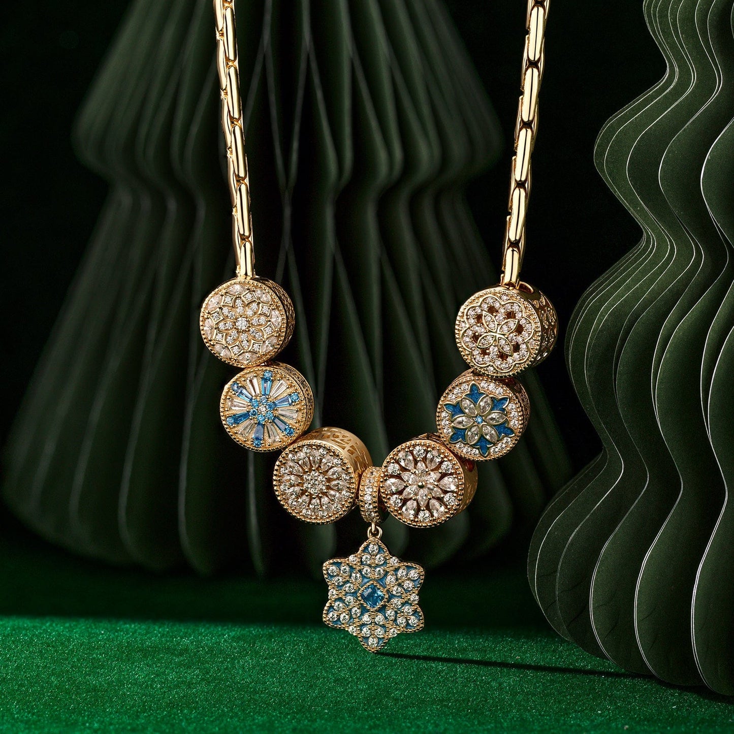 Sterling Silver Pastel Blue Snowflakes Charms Necklace Set In 14K Gold Plated