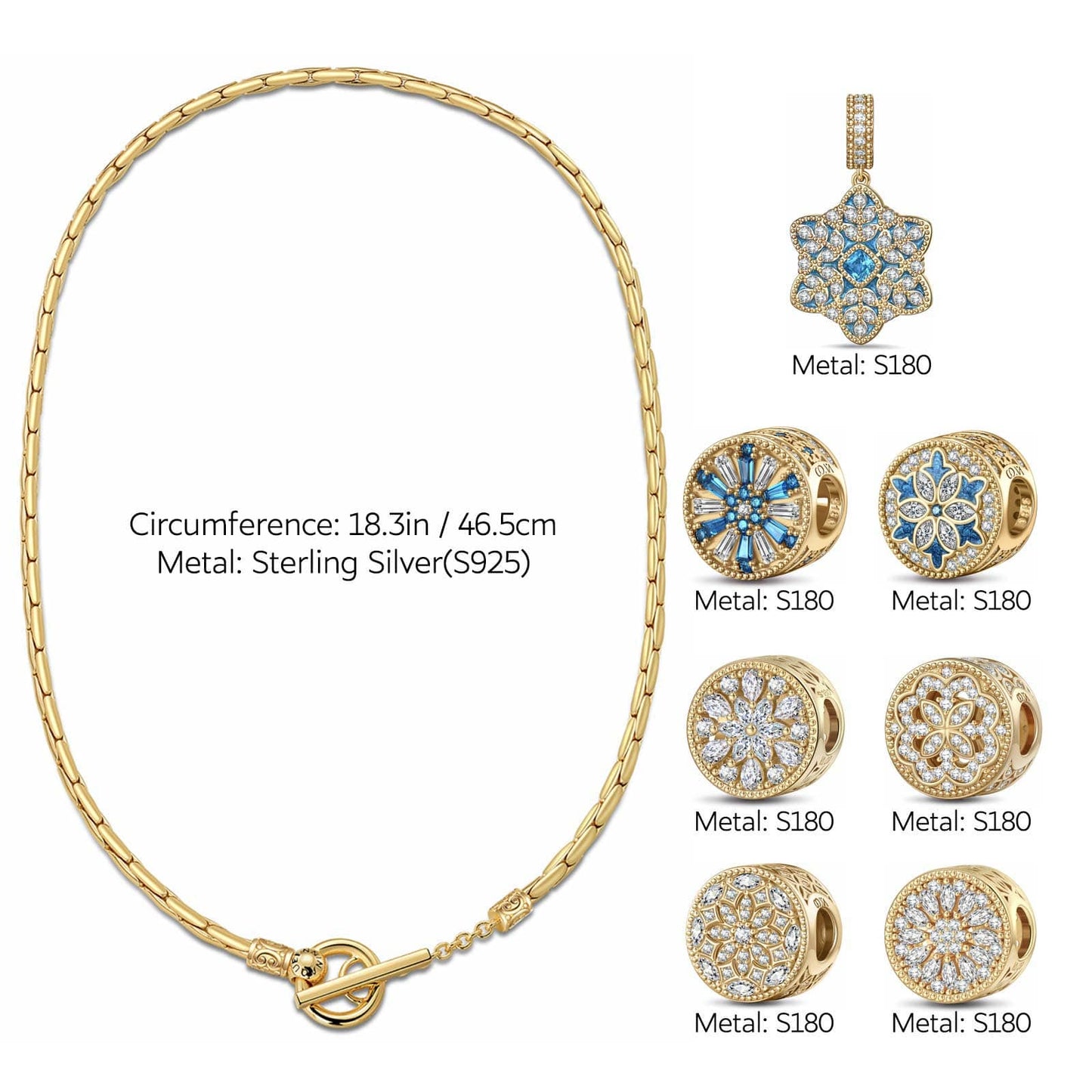 Sterling Silver Pastel Blue Snowflakes Charms Necklace Set In 14K Gold Plated