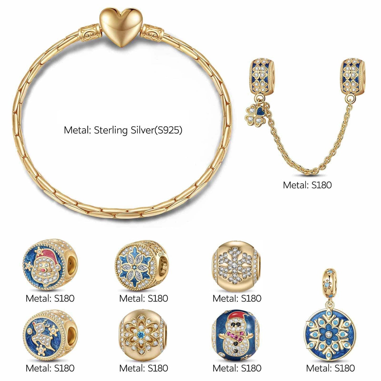 Sterling Silver Snowy Christmas Charms Bracelet Set With Enamel In 14K Gold Plated (Includes bracelet and all charms shown)