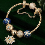 Sterling Silver Frosty Blue Snowflakes Charms Bracelet Set With Enamel In 14K Gold Plated