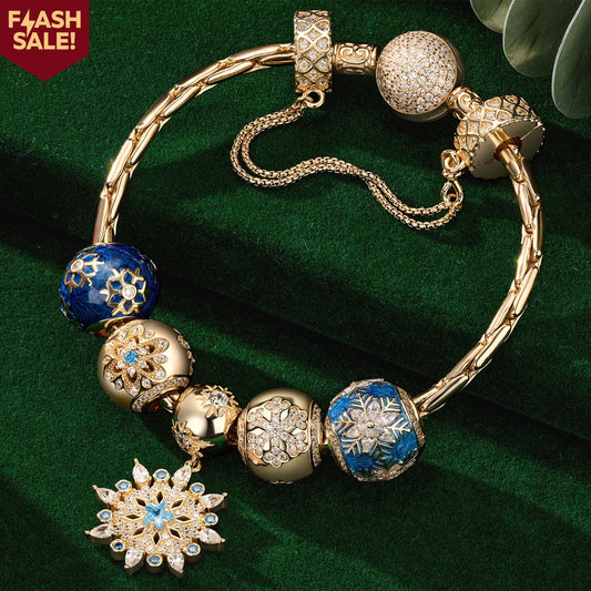 gona- Sterling Silver Frosty Blue Snowflakes Charms Bracelet Set With Enamel In 14K Gold Plated (Includes bracelet and all charms shown)