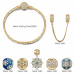 Sterling Silver Frosty Blue Snowflakes Charms Bracelet Set With Enamel In 14K Gold Plated (Includes bracelet and all charms shown)