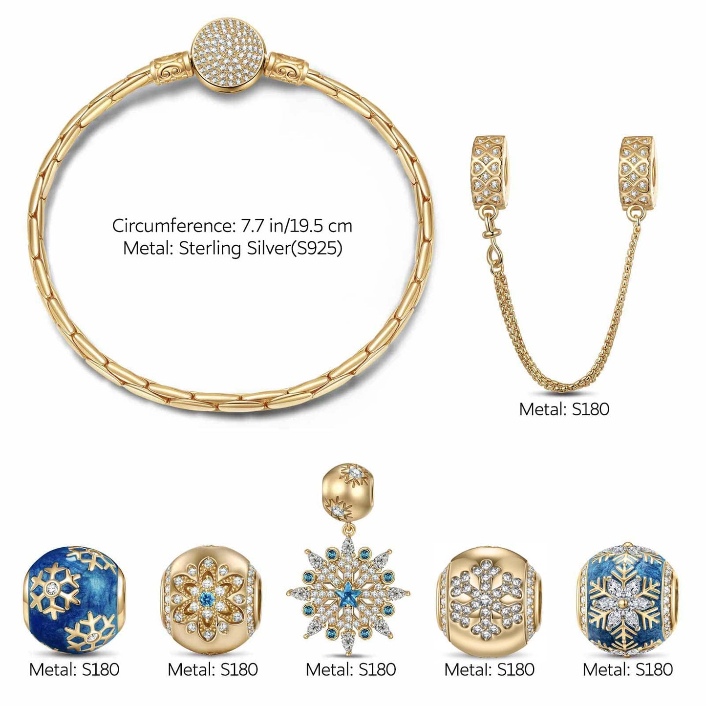 Sterling Silver Frosty Blue Snowflakes Charms Bracelet Set With Enamel In 14K Gold Plated (Includes bracelet and all charms shown)